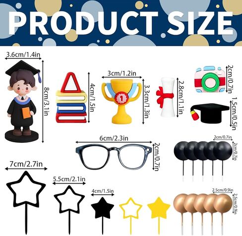 Graduation Cake Topper Set, Boy Graduate Figurine with Cap, Trophy, Books, Star Picks, Party Decoration in Kuwait