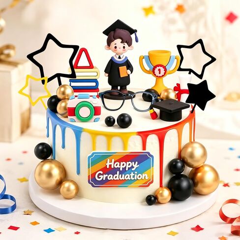 Graduation Cake Topper Set, Boy Graduate Figurine with Cap, Trophy, Books, Star Picks, Party Decoration in Kuwait