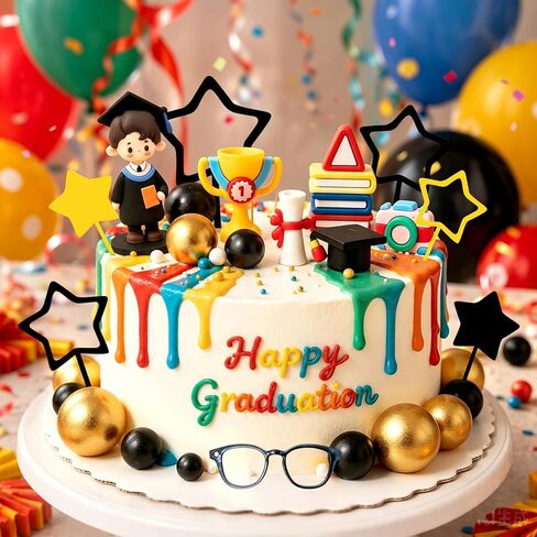 Graduation Cake Topper Set, Boy Graduate Figurine with Cap, Trophy, Books, Star Picks, Party Decoration in Kuwait