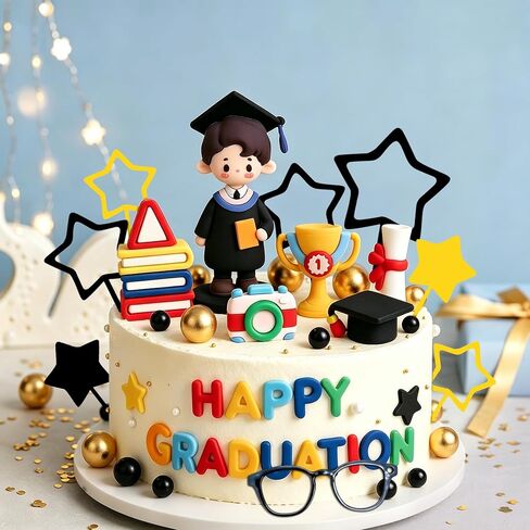 Graduation Cake Topper Set, Boy Graduate Figurine with Cap, Trophy, Books, Star Picks, Party Decoration in Kuwait