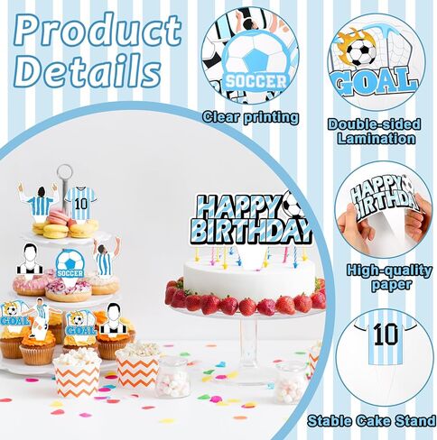 26 Pcs Soccer Party Decorations Blue and White Happy Birthday Cupcake Topper Sports Theme Cake Toppers Sport Party Cake Supplies Sport Star Theme Decors for Team Celebration Birthday Supplies in Kuwait