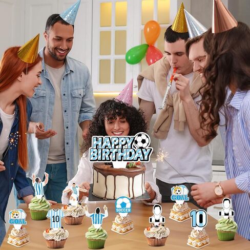 26 Pcs Soccer Party Decorations Blue and White Happy Birthday Cupcake Topper Sports Theme Cake Toppers Sport Party Cake Supplies Sport Star Theme Decors for Team Celebration Birthday Supplies in Kuwait