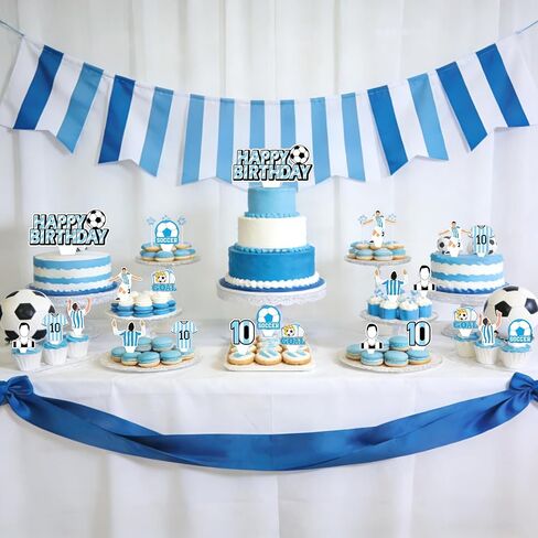 26 Pcs Soccer Party Decorations Blue and White Happy Birthday Cupcake Topper Sports Theme Cake Toppers Sport Party Cake Supplies Sport Star Theme Decors for Team Celebration Birthday Supplies in Kuwait