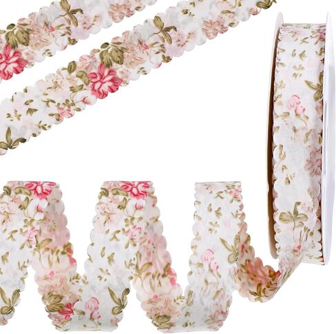 20 Yards Flower Print Ribbon, White Spring Ribbon Summer Floral Pattern Ribbons Vintage Flower Craft Ribbons with Wavy Edge for Gift Wrapping Bouquets Party Sewing Making DIY Crafts Decorative in Kuwait