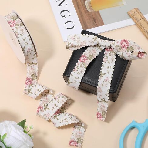 20 Yards Flower Print Ribbon, White Spring Ribbon Summer Floral Pattern Ribbons Vintage Flower Craft Ribbons with Wavy Edge for Gift Wrapping Bouquets Party Sewing Making DIY Crafts Decorative in Kuwait
