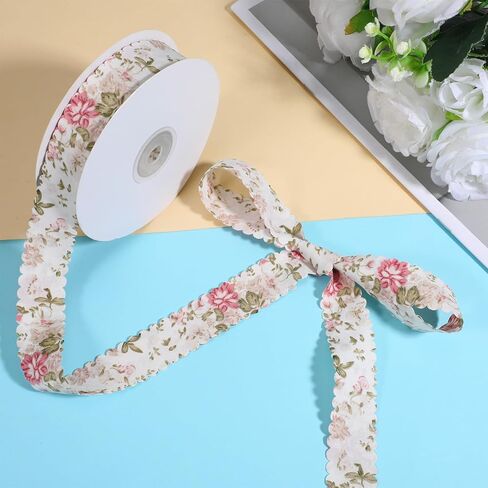 20 Yards Flower Print Ribbon, White Spring Ribbon Summer Floral Pattern Ribbons Vintage Flower Craft Ribbons with Wavy Edge for Gift Wrapping Bouquets Party Sewing Making DIY Crafts Decorative in Kuwait