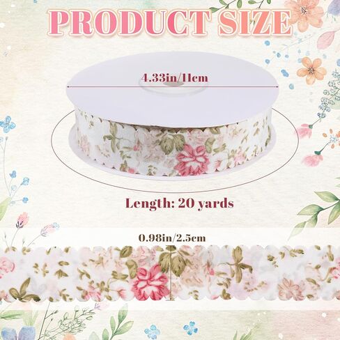 20 Yards Flower Print Ribbon, White Spring Ribbon Summer Floral Pattern Ribbons Vintage Flower Craft Ribbons with Wavy Edge for Gift Wrapping Bouquets Party Sewing Making DIY Crafts Decorative in Kuwait