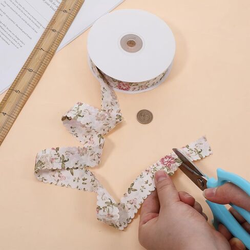 20 Yards Flower Print Ribbon, White Spring Ribbon Summer Floral Pattern Ribbons Vintage Flower Craft Ribbons with Wavy Edge for Gift Wrapping Bouquets Party Sewing Making DIY Crafts Decorative in Kuwait