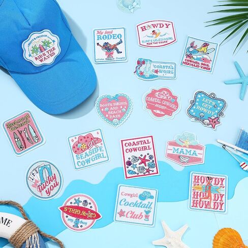 50 Pcs Coastal Cowgirl Iron on Patches for Hats Summer Ocean Embroidered Iron on Blue Patches for Girls Beach Holiday Heat Press Patch for Trucker Hat, Clothes, Jeans, Beach Bags DIY Craft in Kuwait
