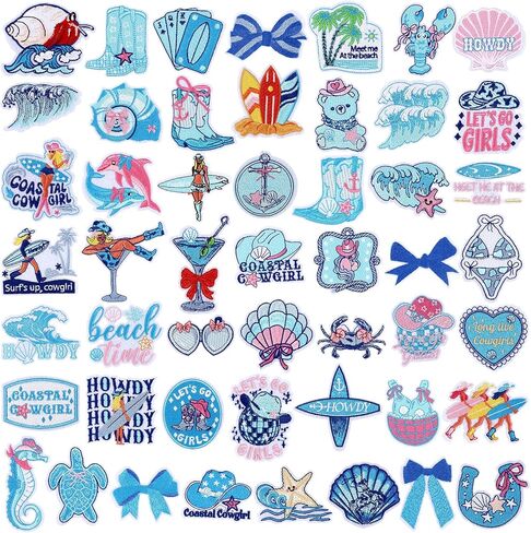 50 Pcs Coastal Cowgirl Iron on Patches for Hats Summer Ocean Embroidered Iron on Blue Patches for Girls Beach Holiday Heat Press Patch for Trucker Hat, Clothes, Jeans, Beach Bags DIY Craft in Kuwait