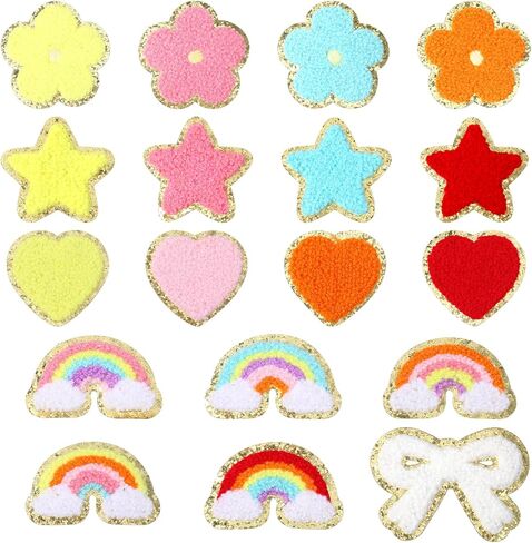 18 قطعة من رقع الملصقات، رقع ذاتية اللصق، ملونة بالكي على رقعة مع حواف من الترتر بتصميمات متنوعة، فراشة على شكل قلب ونجمة قوس قزح لحقائب الظهر للملابس in Kuwait