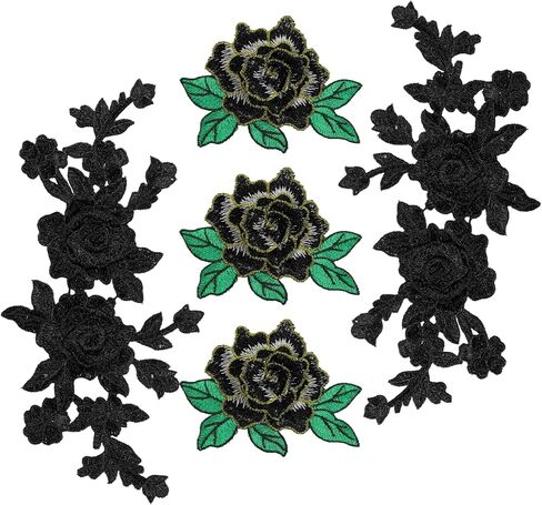 5 Pcs Black Rose Flower Embroidered Patches, Large 11.8 x 5.9 Inch Iron On Applique Patches for Clothes Jackets Jeans Bags, Sew On Fabric Embellishments DIY Craft in Kuwait