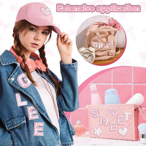 ANGOLIO Self-Adhesive Letter Patches for Kids Bags, 108Pcs Pink Bow Bowknot A-Z Alphabet Appliques, Cute Fabric Letters Sticker Stick on Patches for Clothing Jackets Jeans Caps Cosmetic Bag Pillowcase in Kuwait