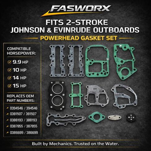 FASWORX Powerhead Gasket Set for Johnson Evinrude 9.9HP 10HP 14HP 15HP Outboards 1974-1992, Cylinder Crankcase Rebuild Kit Replaces OMC BRP OEM 394546 0394546 391507, 2-Stroke Only in Kuwait