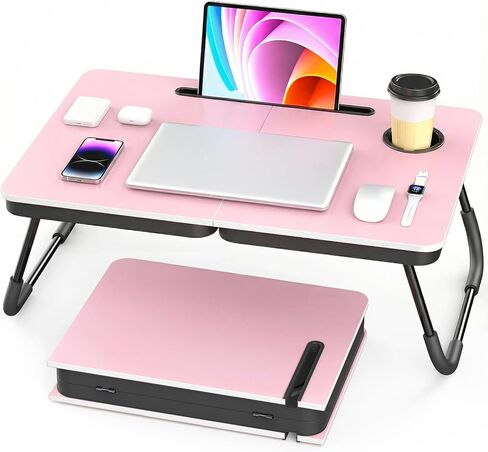 BUYIFY Portable Foldable Laptop Desk for Bed and Couch, Adjustable Lap Desk with Cup Holder and Phone Holder, Ideal for Working, Reading, Writing, and Breakfast (Pink) - SDC1 in Saudi Arabia