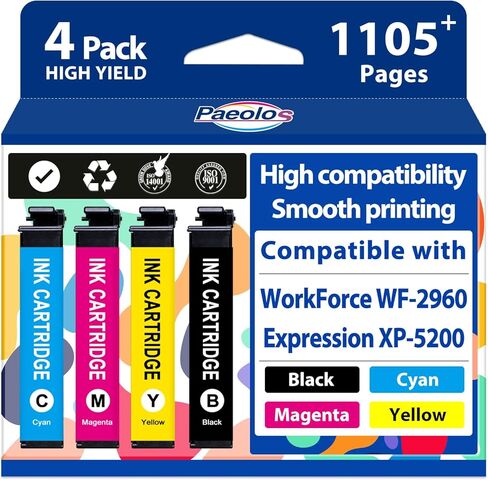 Paeolos Remanufactured Ink Cartridge Replacement for Epson 222 Ink Cartridges Combo Pack XP5200 Work for Expression Home XP-5200 Workforce WF-2960 WF2960 Printer Multipack, Black Cyan Magenta Yellow in Saudi Arabia
