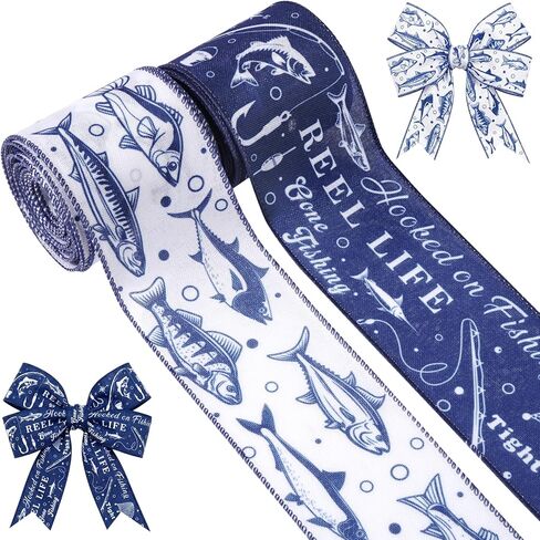 2 Rolls 10 Yards Fish Wired Edge Ribbon 2.5 Inch Gone Fishing Theme Fabric Ribbon Blue Fish Pattern Decorative Craft Ribbon for Fishermen Gift Wrapping DIY Wreath Bows Father's Day Outdoor Party Decor in Kuwait