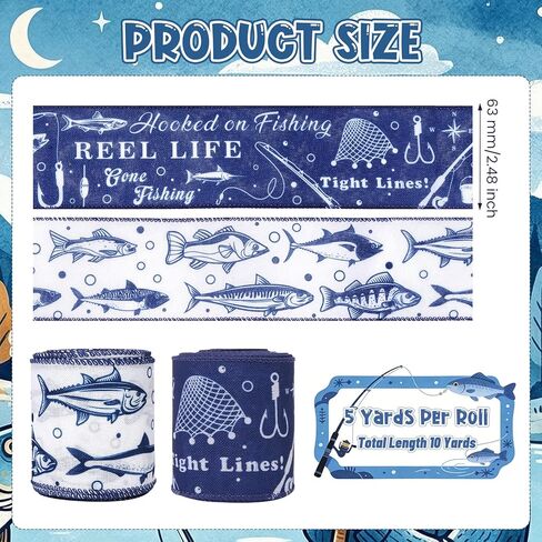 2 Rolls 10 Yards Fish Wired Edge Ribbon 2.5 Inch Gone Fishing Theme Fabric Ribbon Blue Fish Pattern Decorative Craft Ribbon for Fishermen Gift Wrapping DIY Wreath Bows Father's Day Outdoor Party Decor in Kuwait