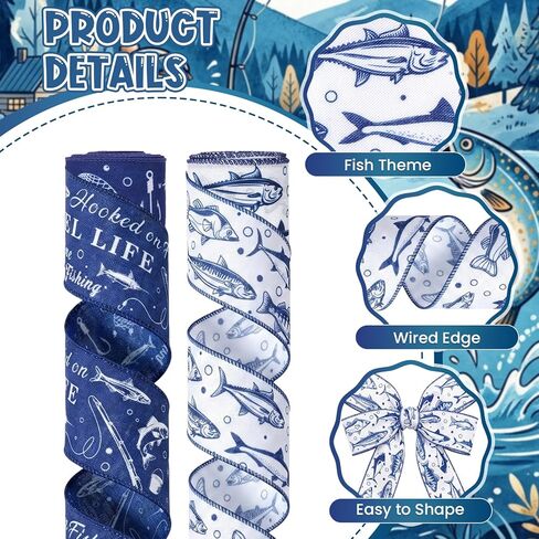 2 Rolls 10 Yards Fish Wired Edge Ribbon 2.5 Inch Gone Fishing Theme Fabric Ribbon Blue Fish Pattern Decorative Craft Ribbon for Fishermen Gift Wrapping DIY Wreath Bows Father's Day Outdoor Party Decor in Kuwait