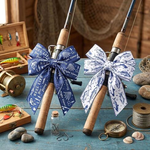2 Rolls 10 Yards Fish Wired Edge Ribbon 2.5 Inch Gone Fishing Theme Fabric Ribbon Blue Fish Pattern Decorative Craft Ribbon for Fishermen Gift Wrapping DIY Wreath Bows Father's Day Outdoor Party Decor in Kuwait