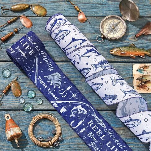 2 Rolls 10 Yards Fish Wired Edge Ribbon 2.5 Inch Gone Fishing Theme Fabric Ribbon Blue Fish Pattern Decorative Craft Ribbon for Fishermen Gift Wrapping DIY Wreath Bows Father's Day Outdoor Party Decor in Kuwait