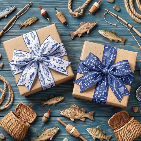 2 Rolls 10 Yards Fish Wired Edge Ribbon 2.5 Inch Gone Fishing Theme Fabric Ribbon Blue Fish Pattern Decorative Craft Ribbon for Fishermen Gift Wrapping DIY Wreath Bows Father's Day Outdoor Party Decor in Kuwait