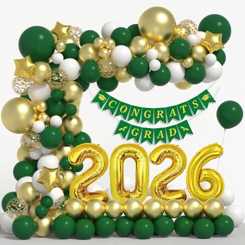 Graduation Decorations Class of 2026: Green and Gold Graduation Balloon Arch Garland Kit and Gold Confetti Balloons Congrats Grad Banner 2026 Foil Balloon Decorations For Grad Party in Saudi Arabia