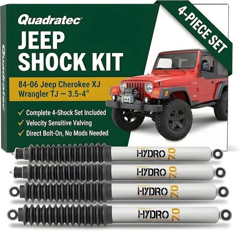Quadratec Maximum Duty Hydro 7.0 Front and Rear Shock Absorber Kit, Set of 4 Shocks - Fits Jeep Cherokee XJ, Wrangler TJ, LJ 1984-2006 with 3.5" - 4" Lift - For Mild to Moderate Offroad Use in Saudi Arabia