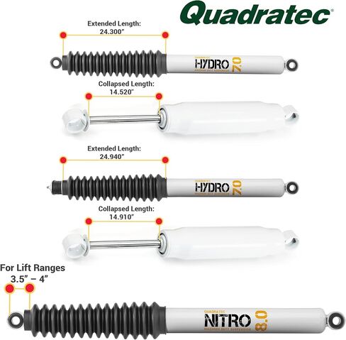 Quadratec Maximum Duty Hydro 7.0 Front and Rear Shock Absorber Kit, Set of 4 Shocks - Fits Jeep Cherokee XJ, Wrangler TJ, LJ 1984-2006 with 3.5" - 4" Lift - For Mild to Moderate Offroad Use in Saudi Arabia
