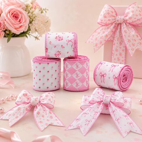 4 Rolls Pink Bow Ribbon Set, 2.5 Inch x 5 Yards Wired Craft Ribbon for Baby Girl Shower, Bridal Shower, Gift Wrapping, Wreath Bows, Birthday Party Decor in Saudi Arabia