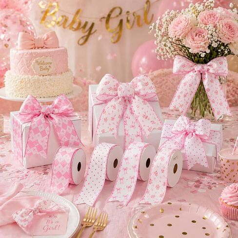4 Rolls Pink Bow Ribbon Set, 2.5 Inch x 5 Yards Wired Craft Ribbon for Baby Girl Shower, Bridal Shower, Gift Wrapping, Wreath Bows, Birthday Party Decor in Saudi Arabia