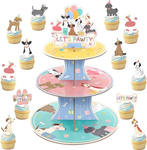 Vintage Retro Dog Birthday Cake Decorations 3-Tier Puppy Happy Birthday Cupcake Stand with 24 Dog Cake Toppers Dog Party Decorations for Birthday Baby Shower Party Supplies Favors in Saudi Arabia
