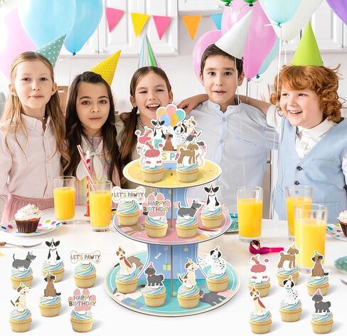 Vintage Retro Dog Birthday Cake Decorations 3-Tier Puppy Happy Birthday Cupcake Stand with 24 Dog Cake Toppers Dog Party Decorations for Birthday Baby Shower Party Supplies Favors in Saudi Arabia