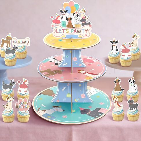Vintage Retro Dog Birthday Cake Decorations 3-Tier Puppy Happy Birthday Cupcake Stand with 24 Dog Cake Toppers Dog Party Decorations for Birthday Baby Shower Party Supplies Favors in Saudi Arabia