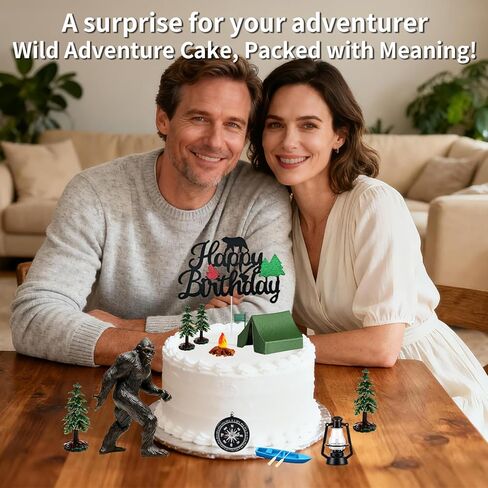 Camping Cake Topper Set with Bigfoot, 14 Pcs Individually Wrapped & Reusable for Hygiene, Lifelike Sasquatch, Tent, Birthday Signs, for Adults Forest Camper Theme Birthday Party Decorations in Kuwait
