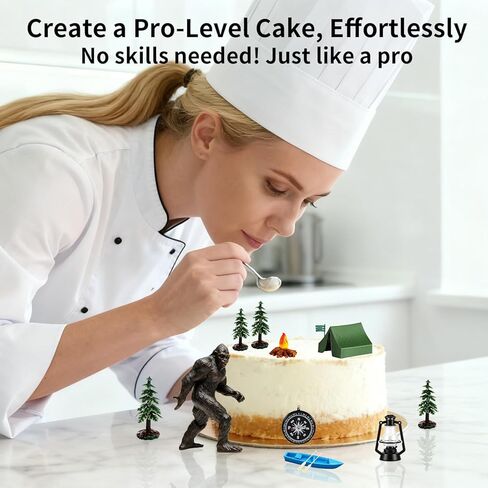 Camping Cake Topper Set with Bigfoot, 14 Pcs Individually Wrapped & Reusable for Hygiene, Lifelike Sasquatch, Tent, Birthday Signs, for Adults Forest Camper Theme Birthday Party Decorations in Kuwait