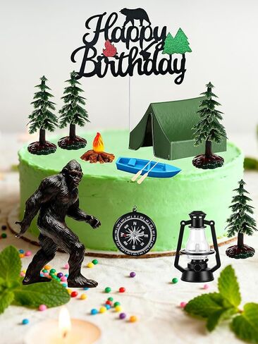 Camping Cake Topper Set with Bigfoot, 14 Pcs Individually Wrapped & Reusable for Hygiene, Lifelike Sasquatch, Tent, Birthday Signs, for Adults Forest Camper Theme Birthday Party Decorations in Saudi Arabia