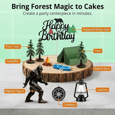 Camping Cake Topper Set with Bigfoot, 14 Pcs Individually Wrapped & Reusable for Hygiene, Lifelike Sasquatch, Tent, Birthday Signs, for Adults Forest Camper Theme Birthday Party Decorations in Saudi Arabia