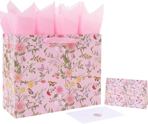13'' Large Flowers Gift Bag Set with Handles, Greeting Card, Pink Tissue Papers and Stickers for Girls Women Kids Teens for Birthday Party, Mother's Day, Weddings, Anniversaries, Floral Design, 1 Pcs in Kuwait