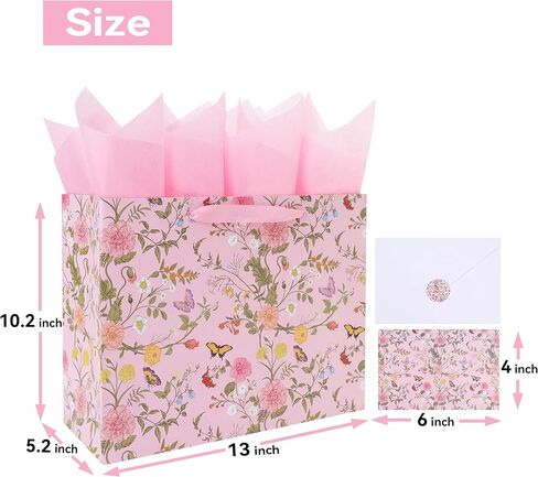 13'' Large Flowers Gift Bag Set with Handles, Greeting Card, Pink Tissue Papers and Stickers for Girls Women Kids Teens for Birthday Party, Mother's Day, Weddings, Anniversaries, Floral Design, 1 Pcs in Kuwait