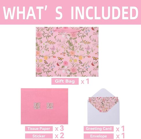 13'' Large Flowers Gift Bag Set with Handles, Greeting Card, Pink Tissue Papers and Stickers for Girls Women Kids Teens for Birthday Party, Mother's Day, Weddings, Anniversaries, Floral Design, 1 Pcs in Kuwait