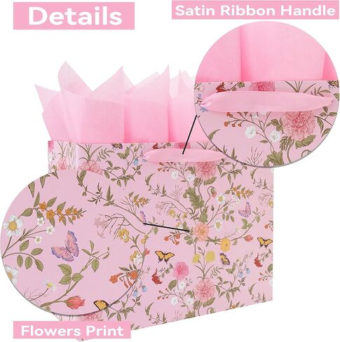 13'' Large Flowers Gift Bag Set with Handles, Greeting Card, Pink Tissue Papers and Stickers for Girls Women Kids Teens for Birthday Party, Mother's Day, Weddings, Anniversaries, Floral Design, 1 Pcs in Kuwait