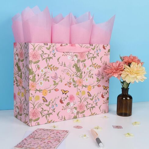 13'' Large Flowers Gift Bag Set with Handles, Greeting Card, Pink Tissue Papers and Stickers for Girls Women Kids Teens for Birthday Party, Mother's Day, Weddings, Anniversaries, Floral Design, 1 Pcs in Kuwait