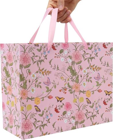 13'' Large Flowers Gift Bag Set with Handles, Greeting Card, Pink Tissue Papers and Stickers for Girls Women Kids Teens for Birthday Party, Mother's Day, Weddings, Anniversaries, Floral Design, 1 Pcs in Kuwait