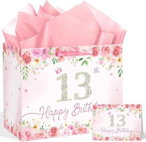 Pink Floral 13th Birthday Gift Bag for Girls Large Elegant Happy 13th Birthday Bag with 3 Tissue Paper and 1 Greeting Card Included, 13’’ Reusable Rose Gift Bag for Teen Girl, Daughter, or Friend in Kuwait