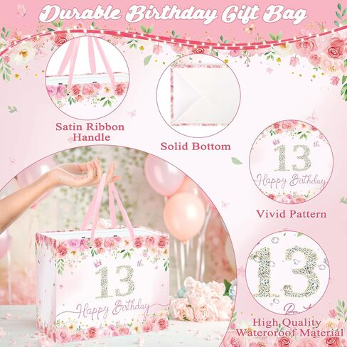 Pink Floral 13th Birthday Gift Bag for Girls Large Elegant Happy 13th Birthday Bag with 3 Tissue Paper and 1 Greeting Card Included, 13’’ Reusable Rose Gift Bag for Teen Girl, Daughter, or Friend in Kuwait
