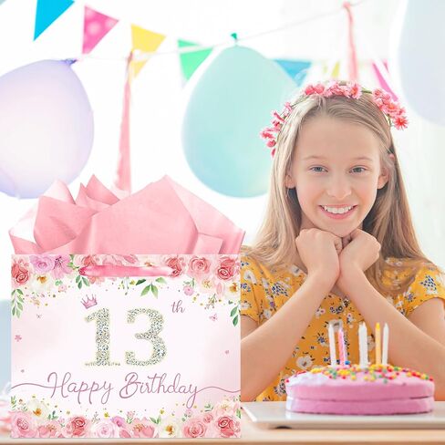 Pink Floral 13th Birthday Gift Bag for Girls Large Elegant Happy 13th Birthday Bag with 3 Tissue Paper and 1 Greeting Card Included, 13’’ Reusable Rose Gift Bag for Teen Girl, Daughter, or Friend in Kuwait