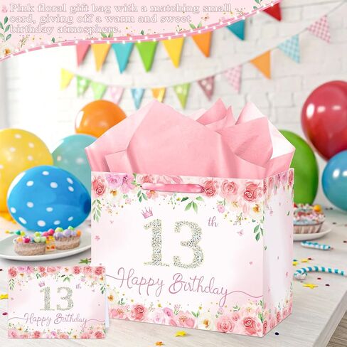 Pink Floral 13th Birthday Gift Bag for Girls Large Elegant Happy 13th Birthday Bag with 3 Tissue Paper and 1 Greeting Card Included, 13’’ Reusable Rose Gift Bag for Teen Girl, Daughter, or Friend in Kuwait