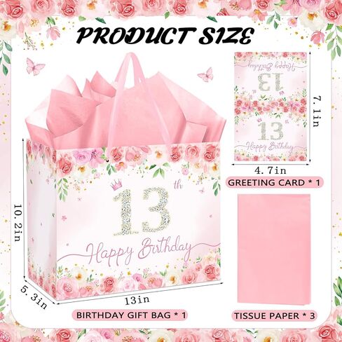 Pink Floral 13th Birthday Gift Bag for Girls Large Elegant Happy 13th Birthday Bag with 3 Tissue Paper and 1 Greeting Card Included, 13’’ Reusable Rose Gift Bag for Teen Girl, Daughter, or Friend in Kuwait