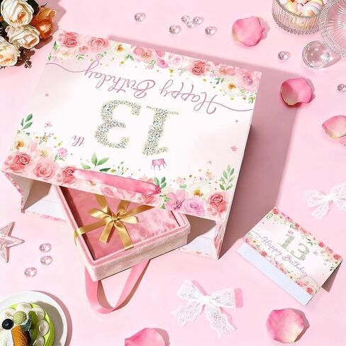 Pink Floral 13th Birthday Gift Bag for Girls Large Elegant Happy 13th Birthday Bag with 3 Tissue Paper and 1 Greeting Card Included, 13’’ Reusable Rose Gift Bag for Teen Girl, Daughter, or Friend in Kuwait